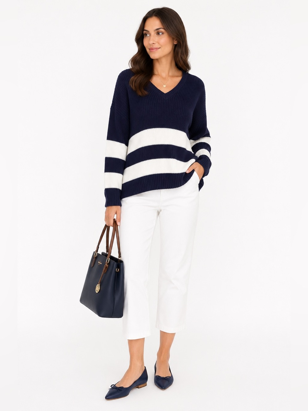 Lauren Ralph Lauren Navy & White Striped Cotton Knit Sweater | Size PS